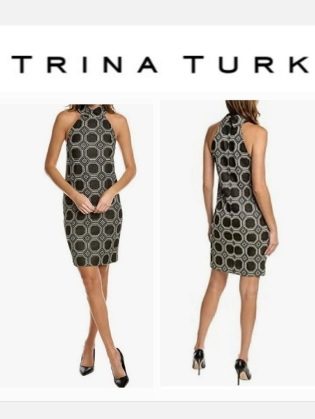 Trina Turk Jocular Black & Gold Metallic Print Jacquard Halterneck Dress 0-S Nwt
